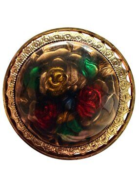 Vintage Reverse Carved Lucite Brooch Gold Tone Floral Pin 1950s New Old Stock